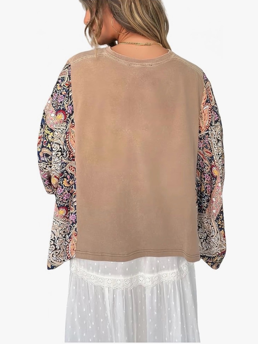 Cowgirl Social Club Graphic Tee with Paisley Bell Sleeves - Tan